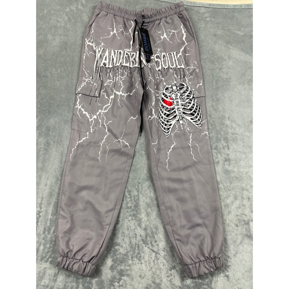 ROMWE Graphic Cargo Pants Lightning Skeleton Print Grey Drawstring Waist Size S